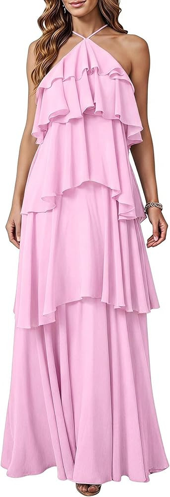 SOLY HUX Women's Wedding Guest Maxi Dress     Sundresses,Layered,Backless,Flowy Formal,Halter Bac... | Amazon (US)