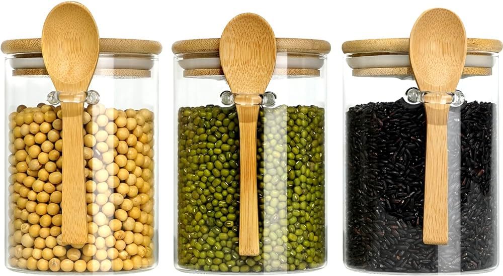 3 Sets of Glass Jars with Bamboo Lids and Bamboo Spoon,Decorative and Durable 17 Oz Borosilicate ... | Amazon (US)
