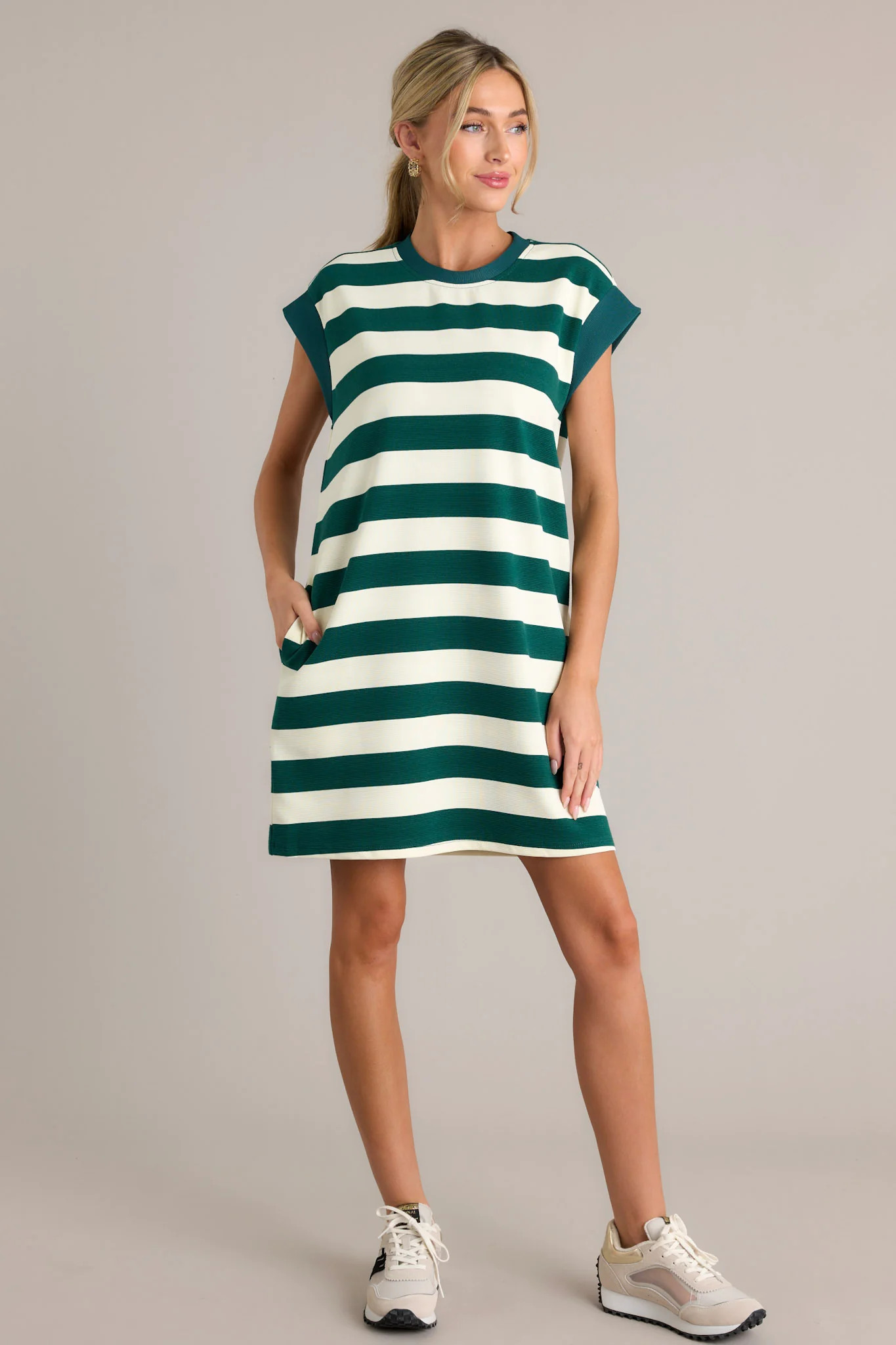 Harmony Horizon Forest Green Stripe Cap Sleeve Mini Dress | Red Dress