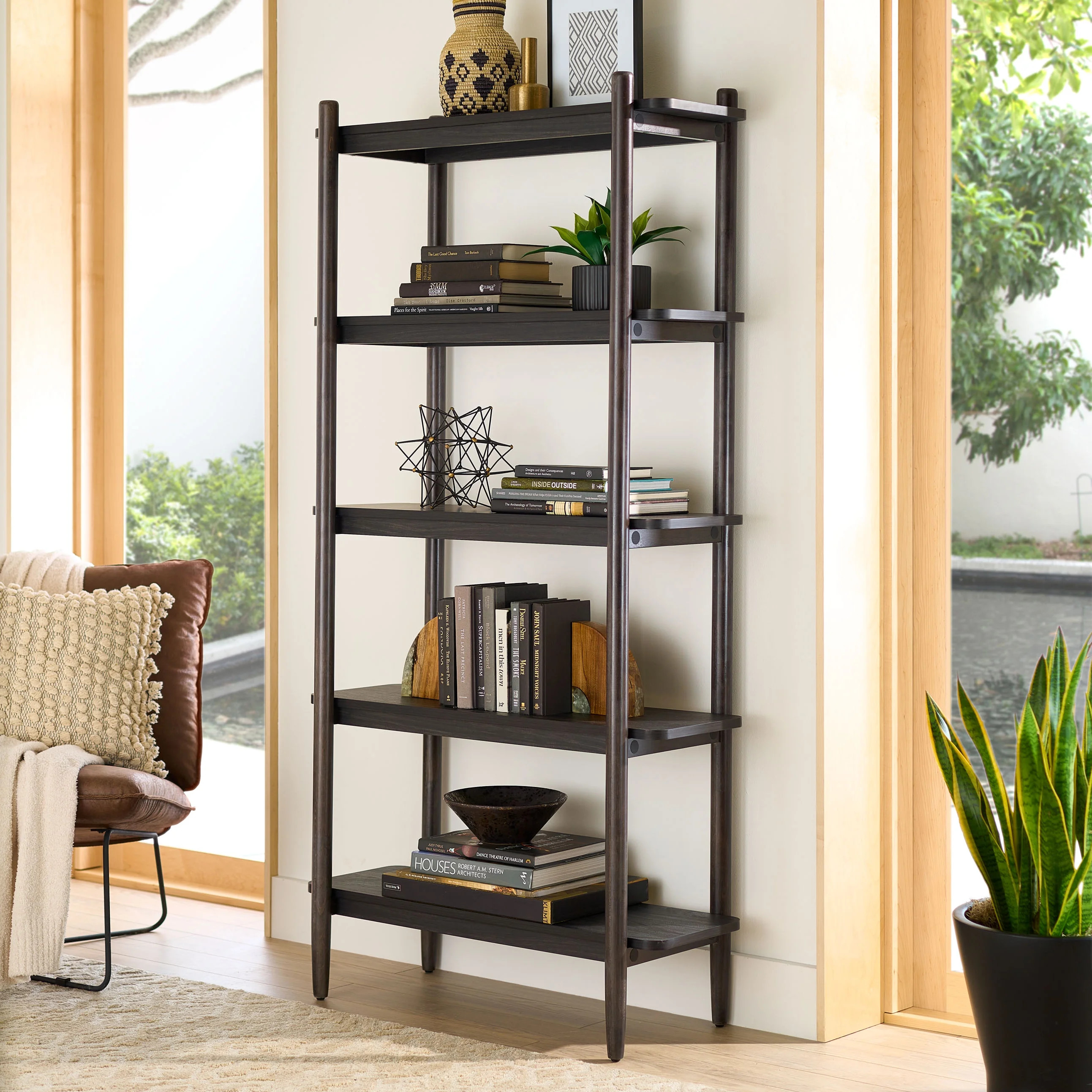 Better Homes & Gardens Springwood 5 Shelf Bookcase with Solid Wood Frame, Charcoal Finish - Walma... | Walmart (US)