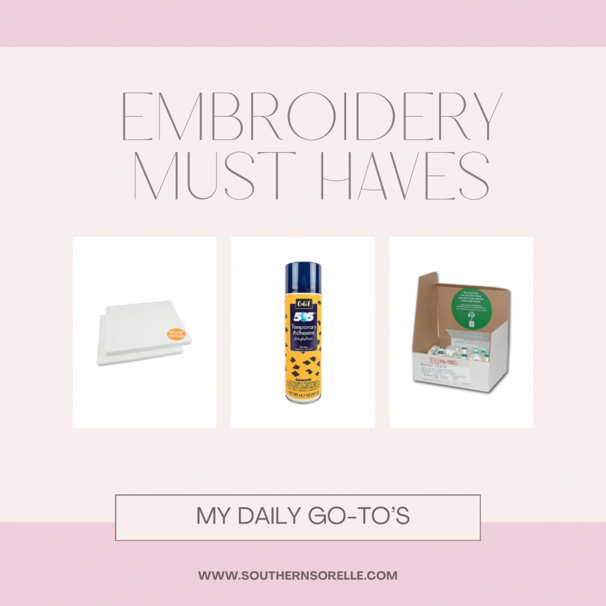 I get asked this question often. Well here it is - my daily embroidery go-to products!

I keep life simple & order as much as I possibly can from Amazon. That has been a complete time saving game changer! The pre-cut stabilizer - saves SO much time! I can not recommend enough.

Other daily necessities not posted -
- Mighty Hoops - I LOVE Mighty Hoops but they are a serious investment so I recommend starting with Durkees/Fast Frames (linked). That is what I did & still use for certain products (stockings, nap mats)
- Floriani Thread
- Embroidery Machines I use - Brothers Entrepreneur PR670E, Brothers PR1055X & Babylock Venture
 * however! I recommend starting with the Brothers PE900 (linked) 

I’ll write a blog about my tips on starting an embroidery business - another question I get asked all the time!

Any questions, comments, additional product recommendations, advice - ask away!

Embroidery | Monogram | Monogrammer

#LTKHome #LTKWorkwear #LTKWatchNow