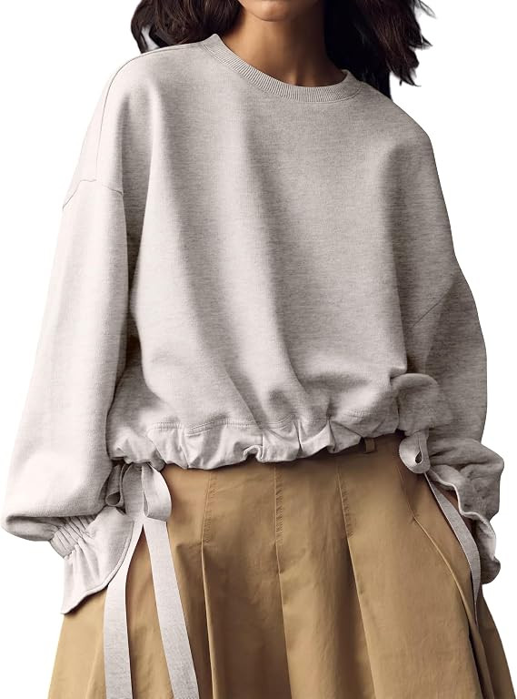 Daewpaur Women Tie Up Sweatshirt Crewneck Balloon Long Sleeve Shirt Casual Fall Pullover Crop Bab... | Amazon (US)