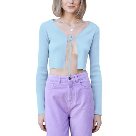 Women Front Tie Up Crop Tops Long Sleeve V-Neck Shirt Ribbed Knitted Open Cardigan Y2K Cropped Tees | Walmart (US)