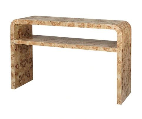 Waterfall Edge Two Tier Console Table in Burl Wood | Burke Decor