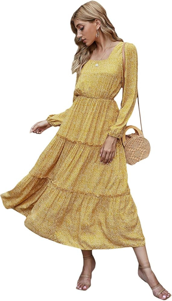 SweatyRocks Women's Long Sleeve Floral Print Flared Flowy Chiffon Maxi Dress | Amazon (US)