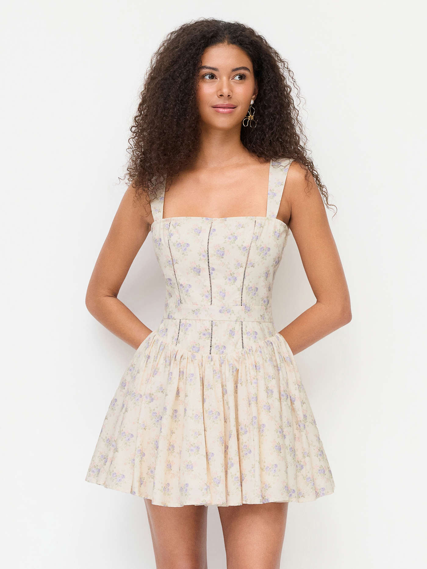 Cotton-blend Floral Square Neck Pleated Flared Mini Dress | Cider