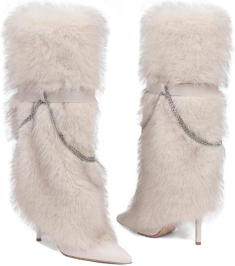 Women Fur Boots Knee High Fold Over Fuzzy Boots Stiletto High Heel Wide Calf Pointed Toe Boot Par... | Amazon (US)