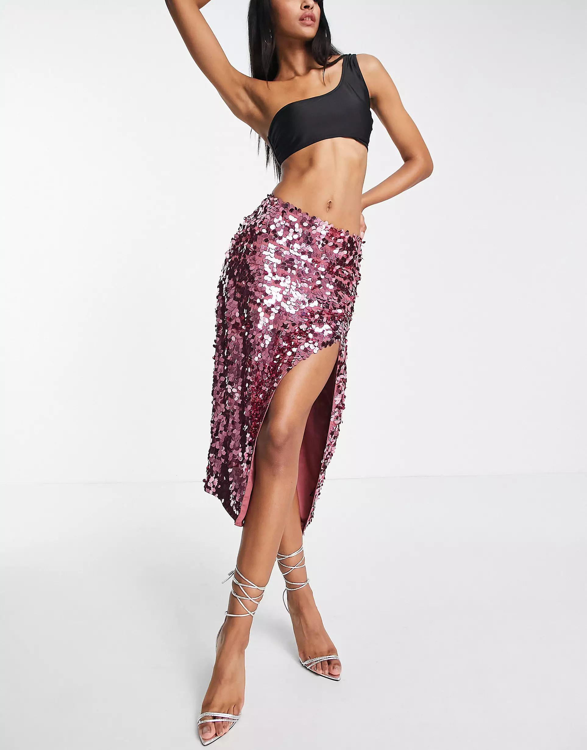 ASOS DESIGN sequin midi skirt with high split in deep pink | ASOS (Global)
