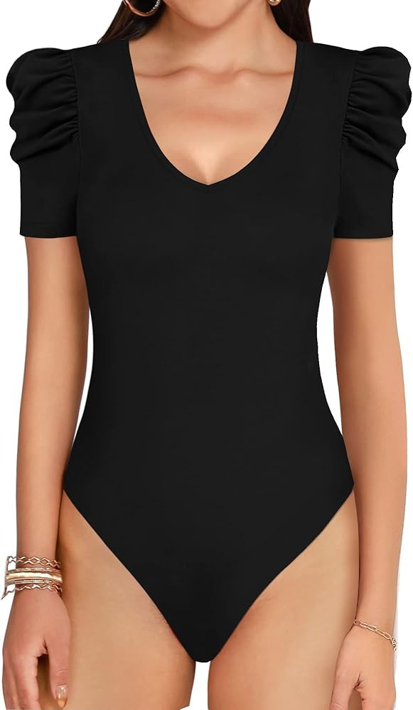 MANGOPOP Women's Bodysuit Deep V Neck Puff Cold Shoulder Short Sleeve Slim Fit Body Suits Casual ... | Amazon (US)