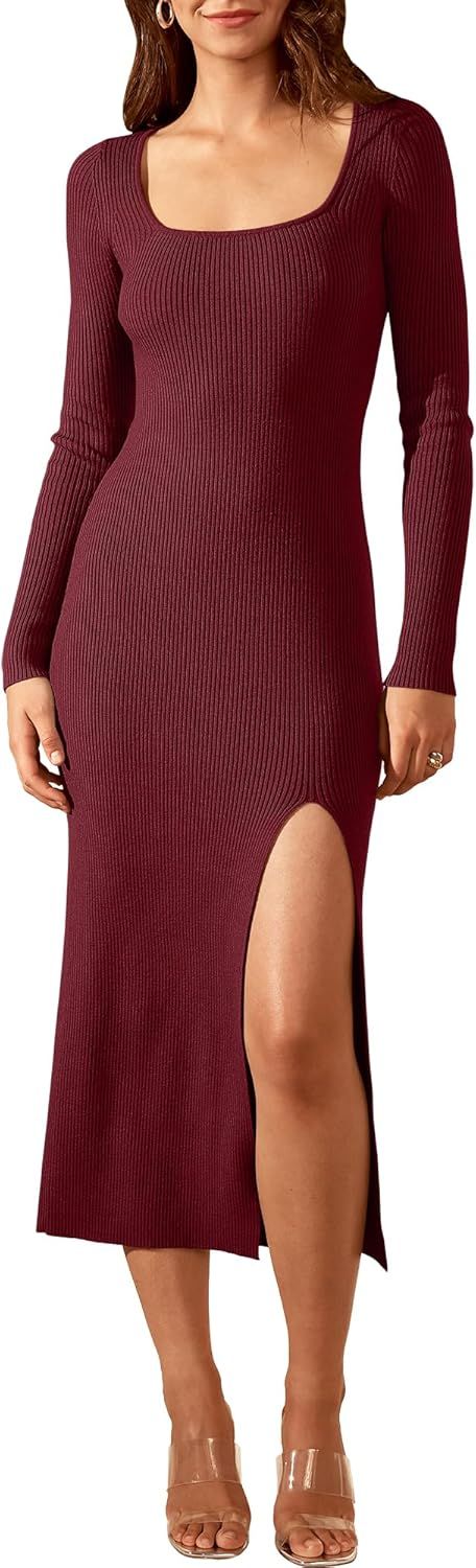 ANRABESS Women's 2023 Trendy Long Sleeve Sweater Dress Square Neck Side Slit Bodycon Ribbed Knit ... | Amazon (US)
