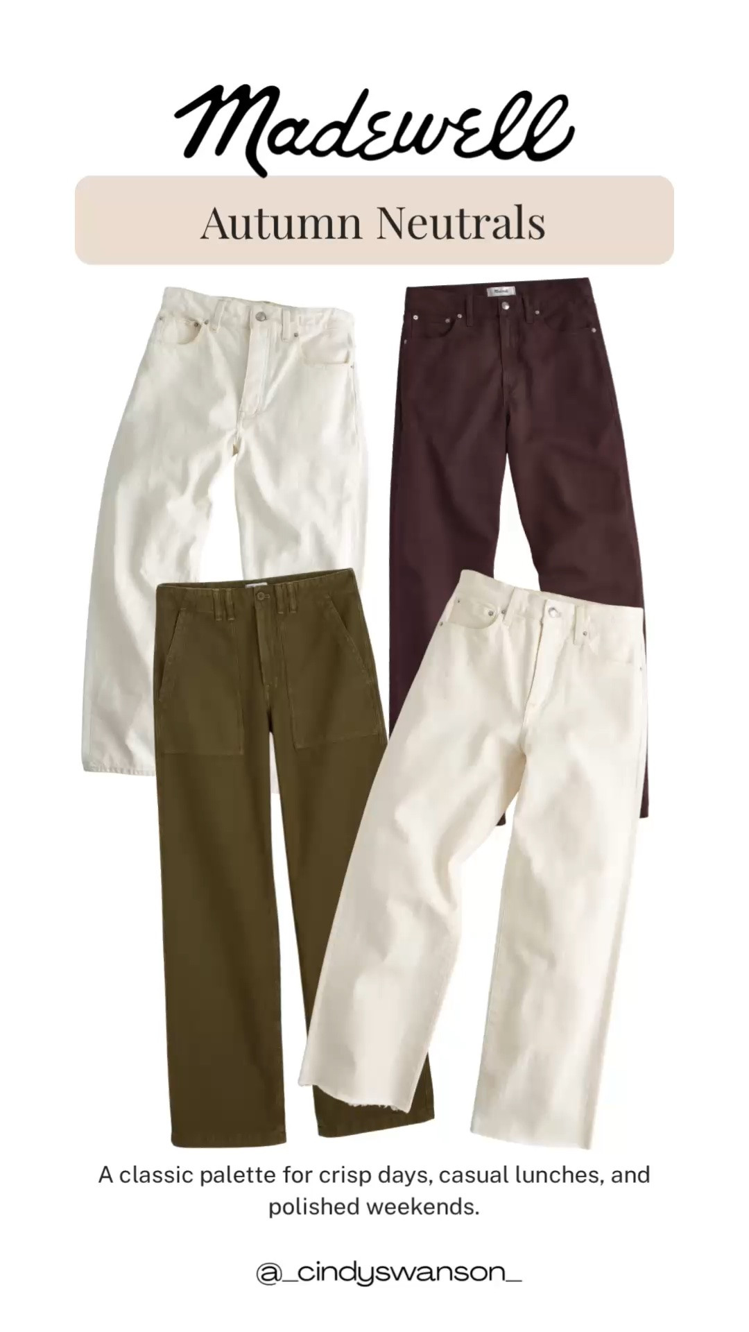 A great pair of jeans can do so much, especially in a neutral palette. These Madewell jeans in ecru, chocolate brown, and olive are easy-to-wear fall staples that work with sweaters, button-downs, loafers, and boots.

💡 LTK MADE EASY
❤️ Heart = Support my posts!
🔖 Save = Get sale & restock alerts
📋 Lists = Keep favorites organized
📲 Share = Send lists and products to a friend. Hello, Christmas List!
💬 Comment = Ask me anything about what I’m wearing.:-)

#LTKxMadewell #LTKootd #LTKOver40