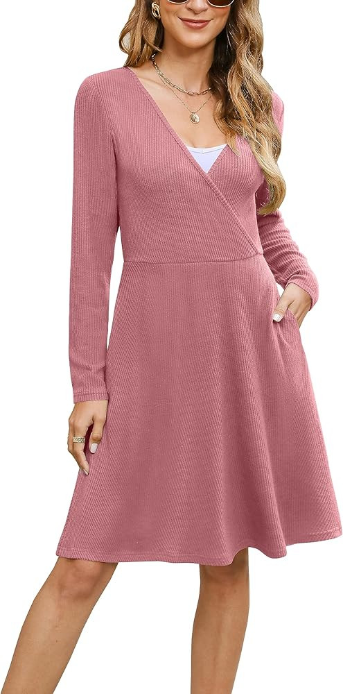 Fall Dresses for Women 2023 V Neck Wrap Dress Long Sleeve Knit A Line Sweater Dress with Pockets | Amazon (US)
