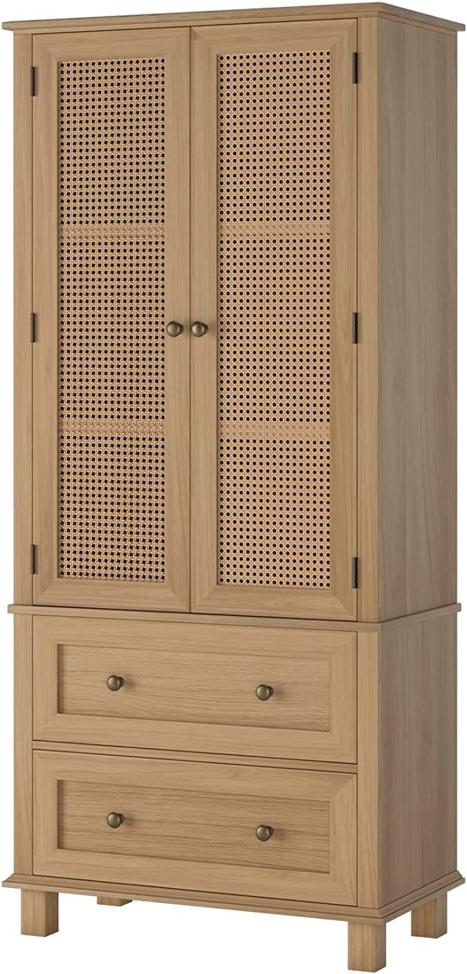 FOTOSOK Kitchen Pantry Storage Cabinet, Tall Storage Cabinet with Rattan Doors and 2 Drawers, Fre... | Amazon (US)