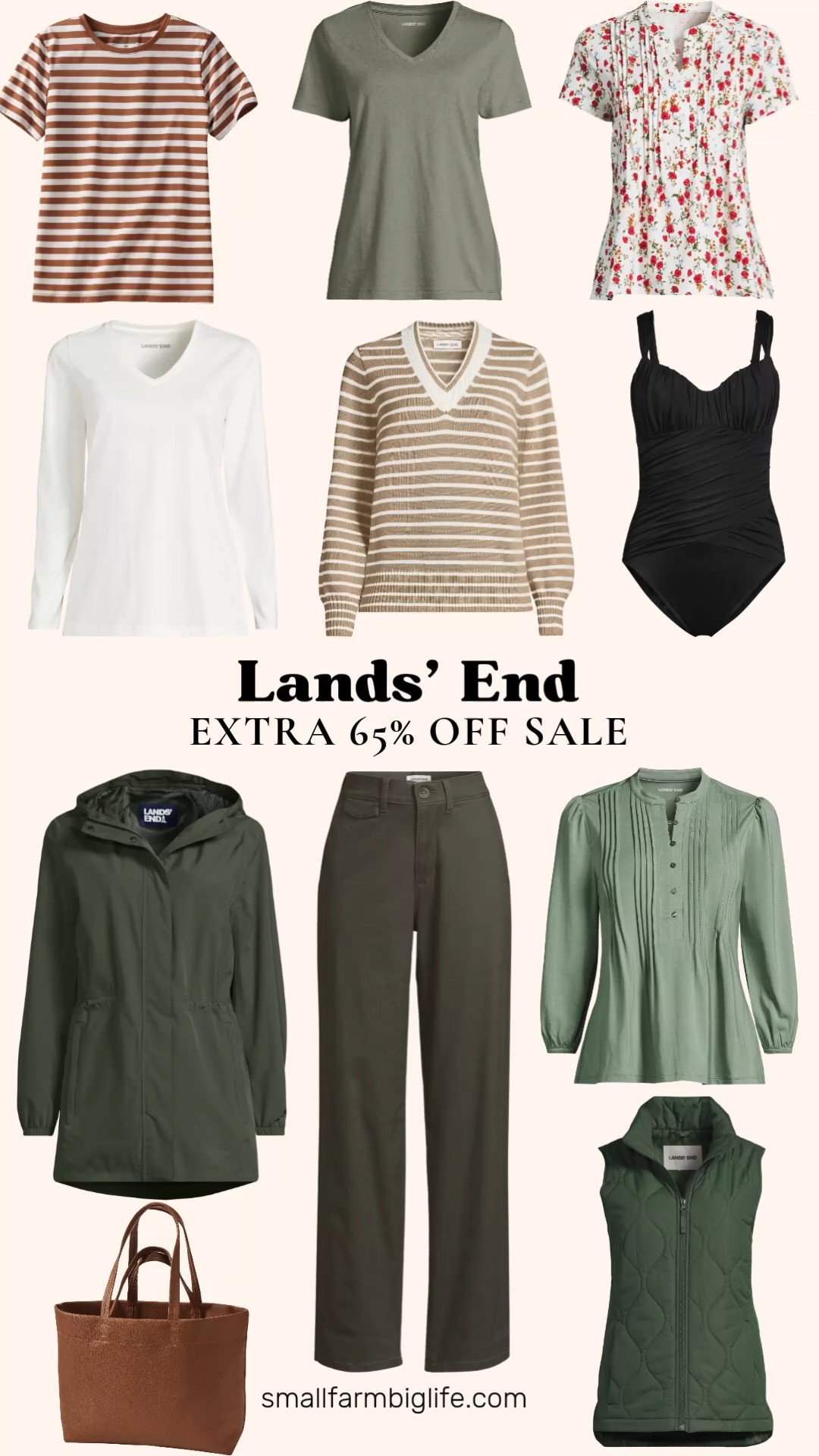 Lands' End is offering an extra 65% off right now. Use code LAZYRIVER at checkout. This sale runs now through July 28.
I found so many great summer into fall pieces in this sale. The colors and fabrics work for both seasons.
The Supima Cotton V-neck T-shirt in sage green is soft and simple. The brown and white striped Supima Cotton Crewneck T-shirt is a great everyday layer. I also love the white Supima Cotton Long Sleeve V-neck T-shirt for cooler mornings.
I have the army green Squall Packable Waterproof Raincoat and love it for rainy season. It packs down small and keeps you dry.
For fall layering, the army green FeatherFree Quilted Insulated Vest and the tan and white striped Drifter Set in Sleeve V-neck Sweater are both great picks. The olive green Chino High Rise Rail Straight Leg Pants are a nice transitional pant too.
The cognac Faux Leather Tote is a pretty neutral bag that works with everything.
Shop this post on my LTK before the sale ends July 28. Don't forget code LAZYRIVER. 

 #LTKootd #LTKOver40 #LTKSaleAlert