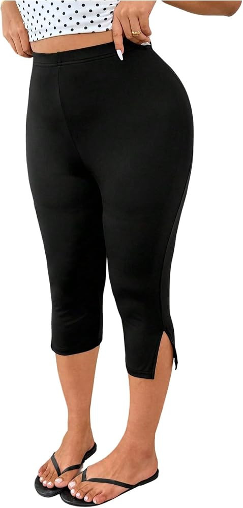 MakeMeChic Women's Plus Size Capri Leggings High Waisted Split Hem Fitness Yoga Cropped Leggings | Amazon (US)