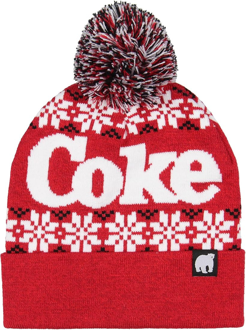 Coca-Cola Beanie Hat Coca-Cola Coke Fair isle Sweater Knit Polar Bear Logo Patch Folded Cuff Pom ... | Amazon (US)