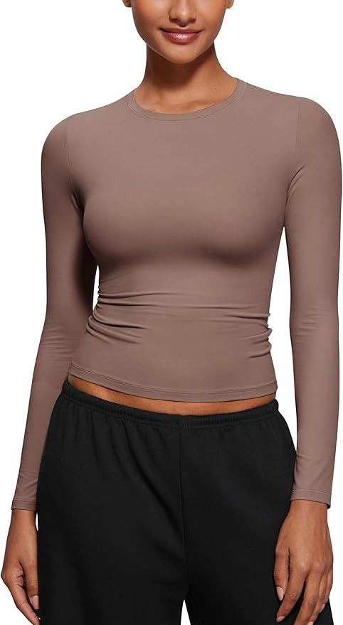 CRZ YOGA Long Sleeve Shirts for Women Soft Crew Neck Fall Basic Tight Tops Fitted Casual Going Ou... | Amazon (US)
