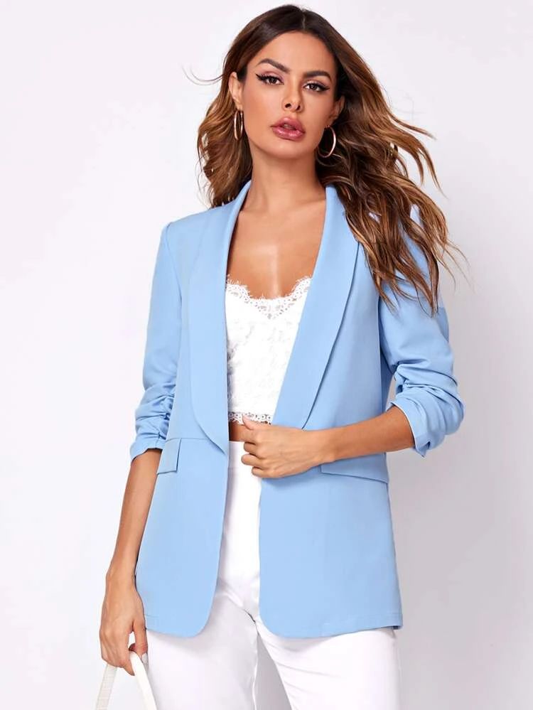 SHEIN Shawl Collar Gathered Sleeve Flap Detail Blazer | SHEIN