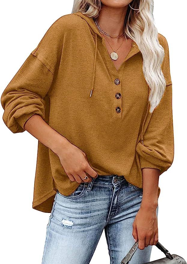 REVETRO Womens V Neck Long Sleeve Henley Shirts Button Down Sweatshirts Hoodies Tunic Tops with... | Amazon (US)