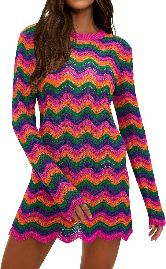 Women's Crochet Colorful Mesh Summer Long Sleeve Cover Ups Casual Striped Beach Wear Knit Mini Dr... | Amazon (US)