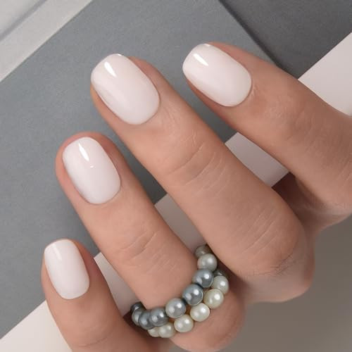 Curvlife Press on Nails Milky White Short Square Acrylic Fake Nails with Apricot Design Full Cover Glossy Nude Glue on Nails Artificial for Women 30Pcs | Amazon (US)