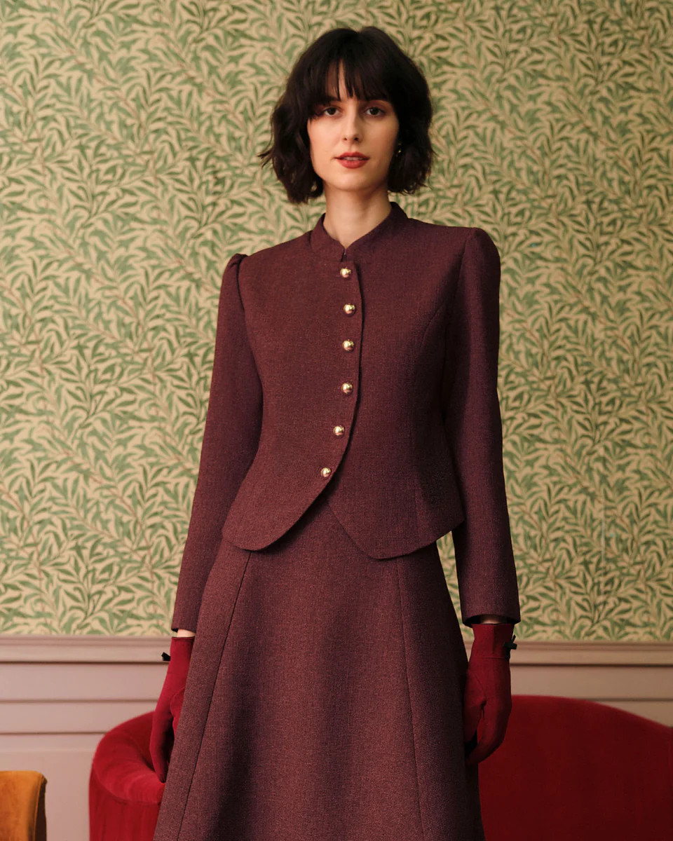 Burgundy Retro Single-breasted Tweed Jacket | rihoas.com