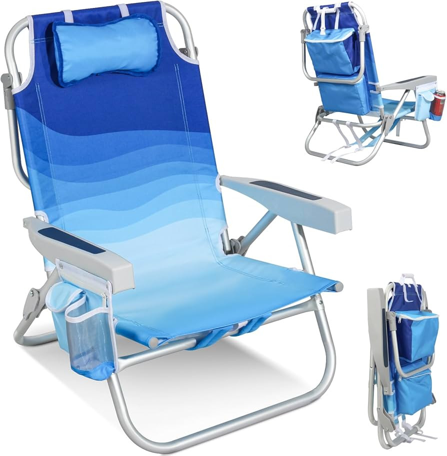 Low Beach Chairs for Adults - 5-Position Lay-Flat Backpack Chair with Large Insulated Cooler & St... | Amazon (US)