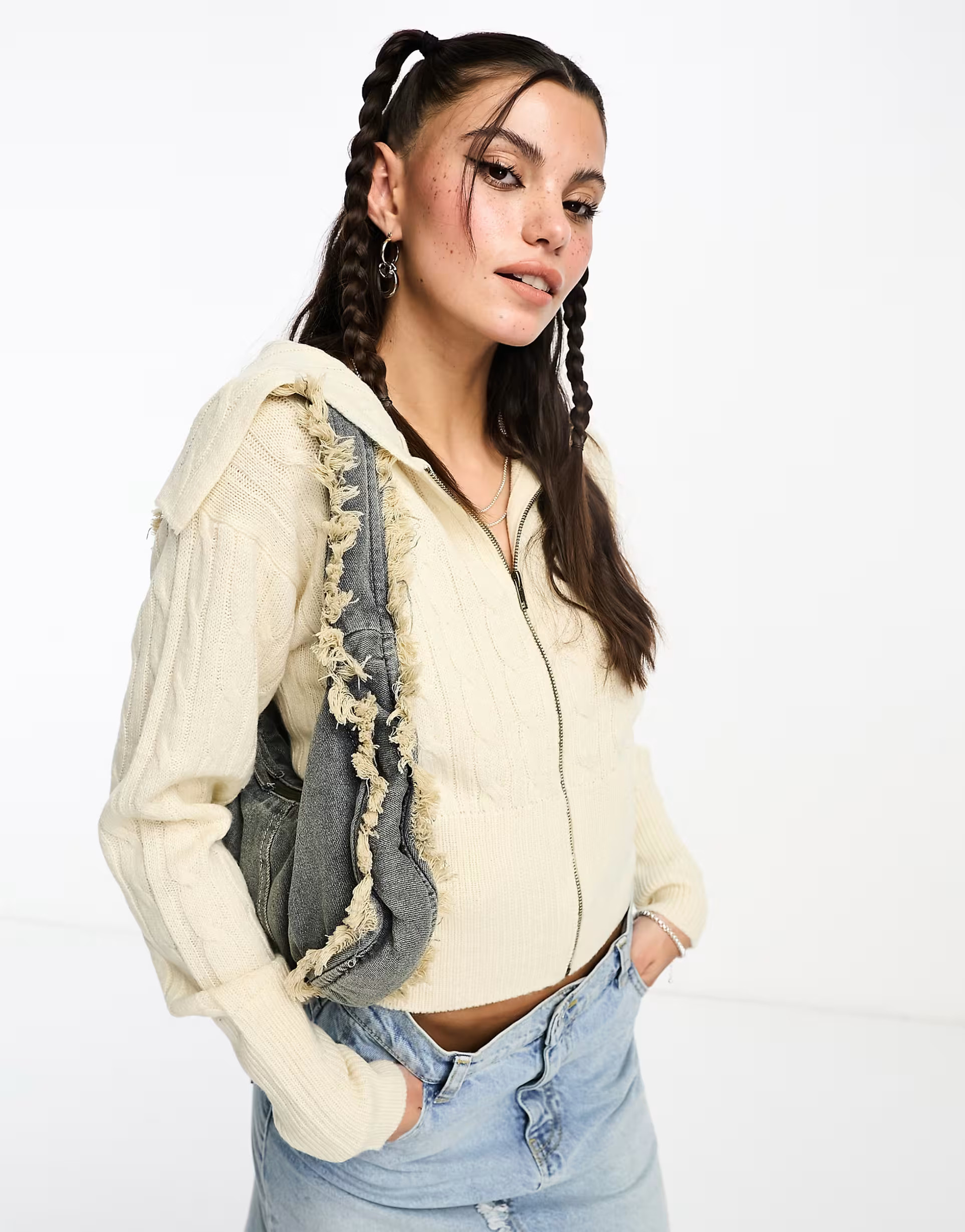 COLLUSION cable knit oversized collar zip up sweater in ecru | ASOS (Global)