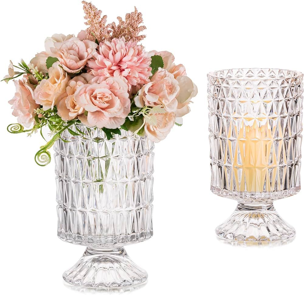 Glasesseam Pedestal Vases for Flowers, Decorative Compote Vase Set of 2, Vintage Crystal Clear Gl... | Amazon (US)