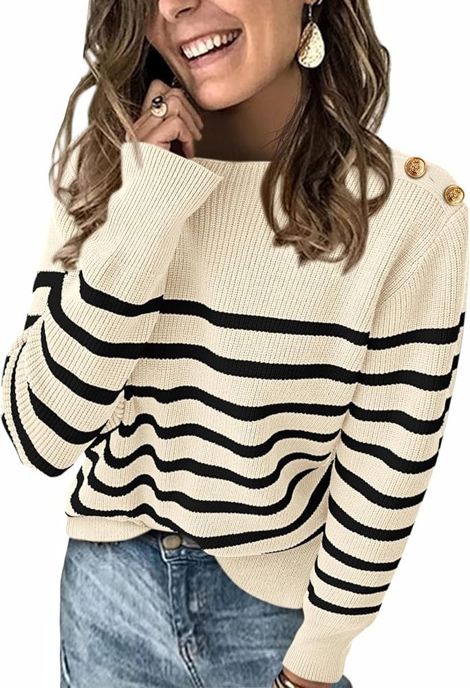 KIRUNDO Sweaters for Women 2024 Fall Striped Long Sleeve Ribbed Knit Sweater Loose Crew Neck Soft... | Amazon (US)