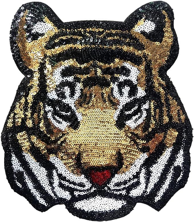 LOCOMO Large Sequin Tiger Head Iron On Patch Sew On Patch Sparkling Bengal DIY Applique Motif for... | Amazon (US)