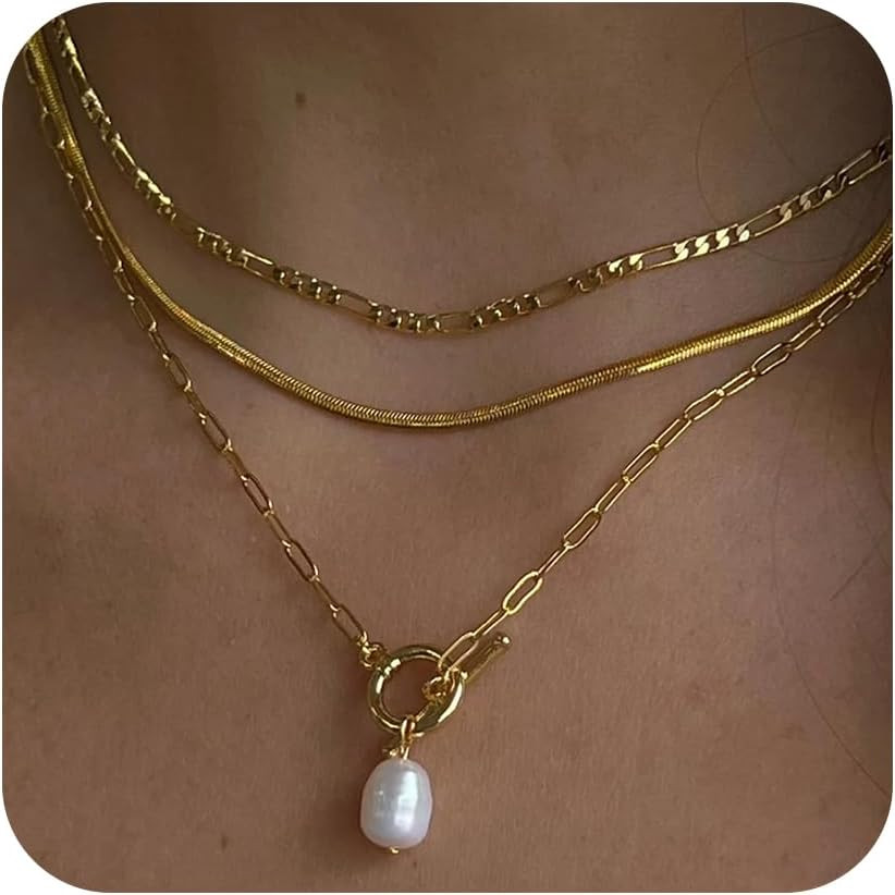 Layered Gold Necklaces for Women, Dainty 14K Gold Plated Cute Pearl Pendant Necklace Jewelry Set Stackable Toggle Chain Choker Collar, Trendy Waterproof Non Tarnish Jewelry Gift | Amazon (US)