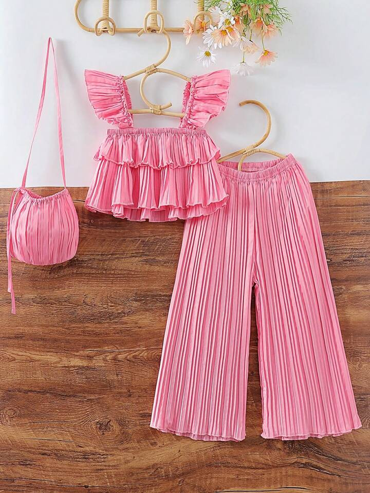 Young Girl Summer Vacation Beach Playtime Flutter Sleeve Vest Top, Ruffle Edged Skort & Pleated C... | SHEIN