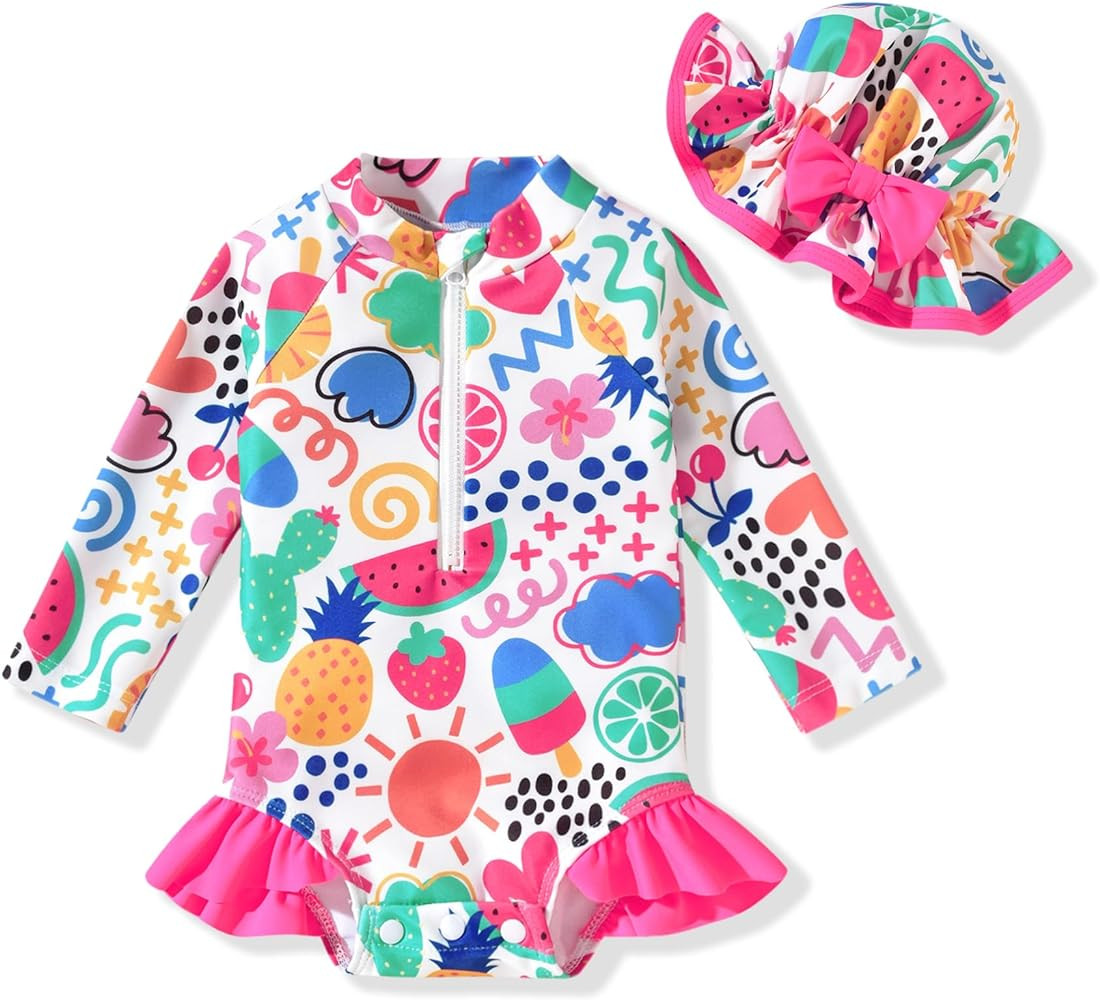 Aalizzwell Baby Girls Long Sleeve One Piece Swimsuit with Hat | Amazon (US)