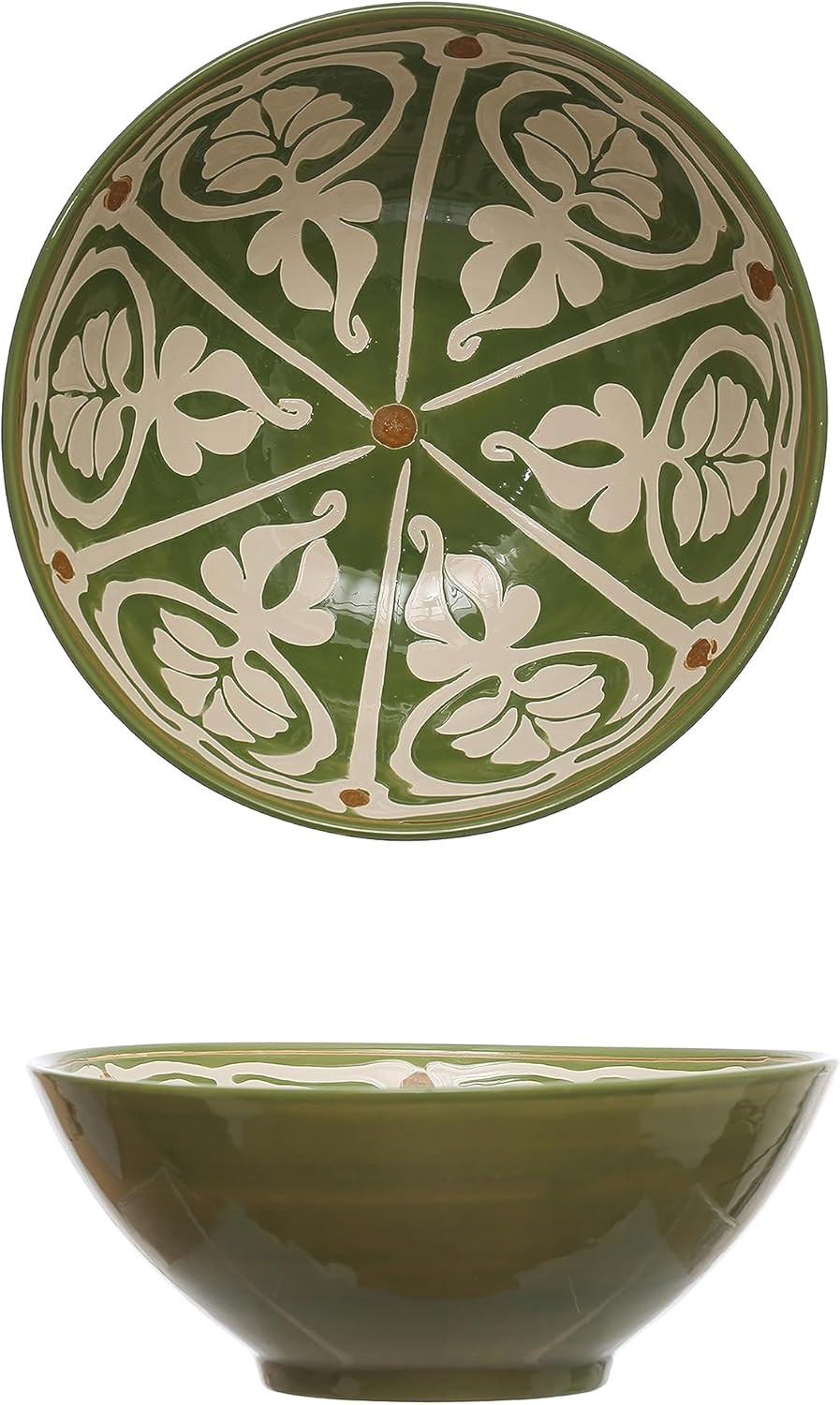 Creative Co-Op 10.5 Round Hand-Painted Stoneware Serving Pattern Design, Green and Brown Bowl | Amazon (US)