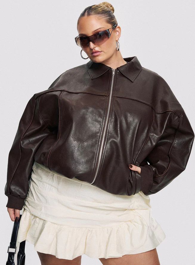 Goldsmith Faux Leather Bomber Jacket Brown Curve | Princess Polly US
