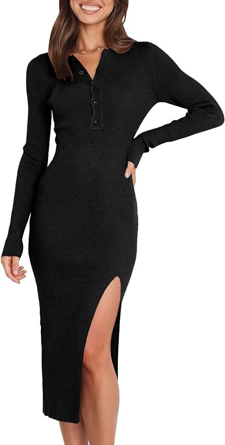 Amazon.com: Prinbara Women's V Neck Collared Long Sleeve Slim Fit Bodycon Midi Sweater Dress with... | Amazon (US)
