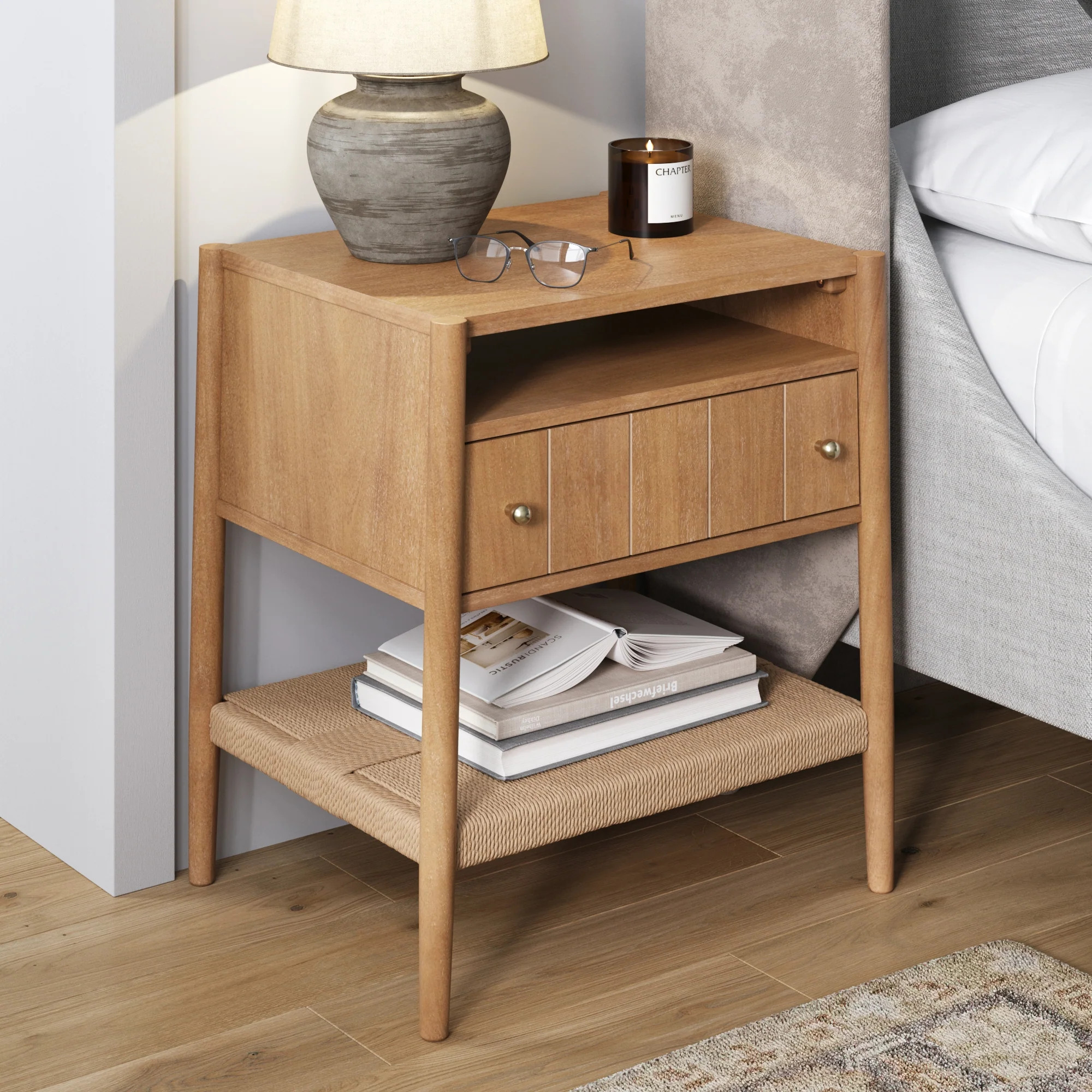 Wood Nightstand with Drawer & Seagrass Storage Light Brown | Nathan James