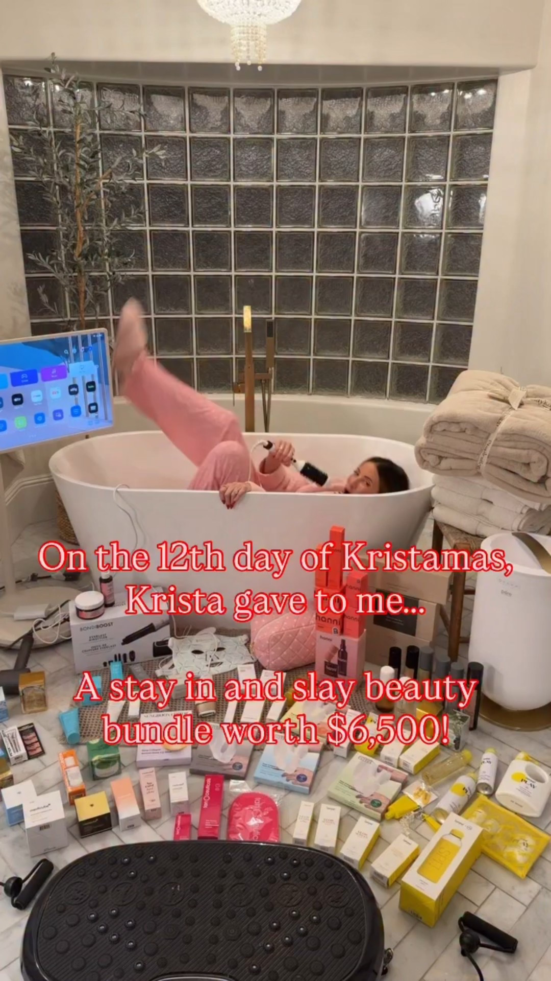 On the 12th day of Kristamas, Krista gave to me a stay in and slay beauty bundle worth over $6,500! This is just from ME to YOU! All you gotta do is like this post + comment a 🛁 (each comment is an entry) + share this reel to your stories (we’ll ask for proof) and one of you will win ALL of this:
🛁Portable TV
🛁$500 Staykation gift card
🛁Laser hair remover 
🛁Omnilux red light mask
🛁Dyson hair dryer
🛁Jiggler
🛁Towel warmer
🛁4 Boll & Branch towels
🛁Staykation slippers
🛁Staykation fuzzy socks
🛁Staykation fluffy robe
🛁Staykation cosmetic bag
🛁Staykation claw clip
🛁Staykation faux fur blanket
🛁In Common products 
🛁Hanni products
🛁Tula products
🛁Phlur products
🛁Peter Thomas Roth products 
🛁Primally Pure products
🛁Bondi Boost products
🛁Supergoop products
🛁Sungboon products 
🛁Medicube products
🛁Tanceuticals products
(total value $6,500)
This ends on 12/26/25 and the winner will be announced on this post ONLY so please don’t engage with any fake accounts! ILYSM! Merry Kristamas!