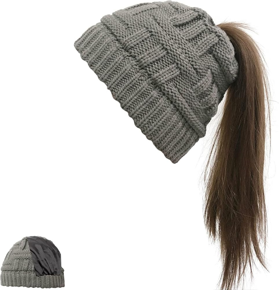 Womens Satin Lined Winter Beanie Cable Knit Beanie for Women Silk Lining Thick Chunky Hats Skull ... | Amazon (US)