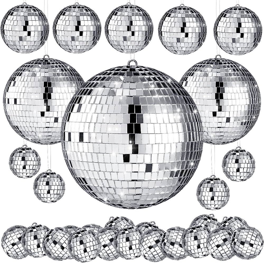 20 Pcs Hanging Mirror Disco Ball Ornaments New Years Eve Assorted Silver Mini Glass Disco Balls D... | Amazon (US)