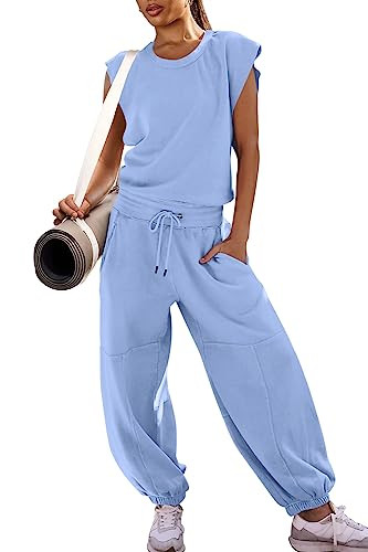 LAMISSCHE Womens Oversized Wide Leg Jumpsuit with Pockets Elastic Waist Workout Onesie Romper Open Back Outfits(Light Blue,S) | Amazon (US)