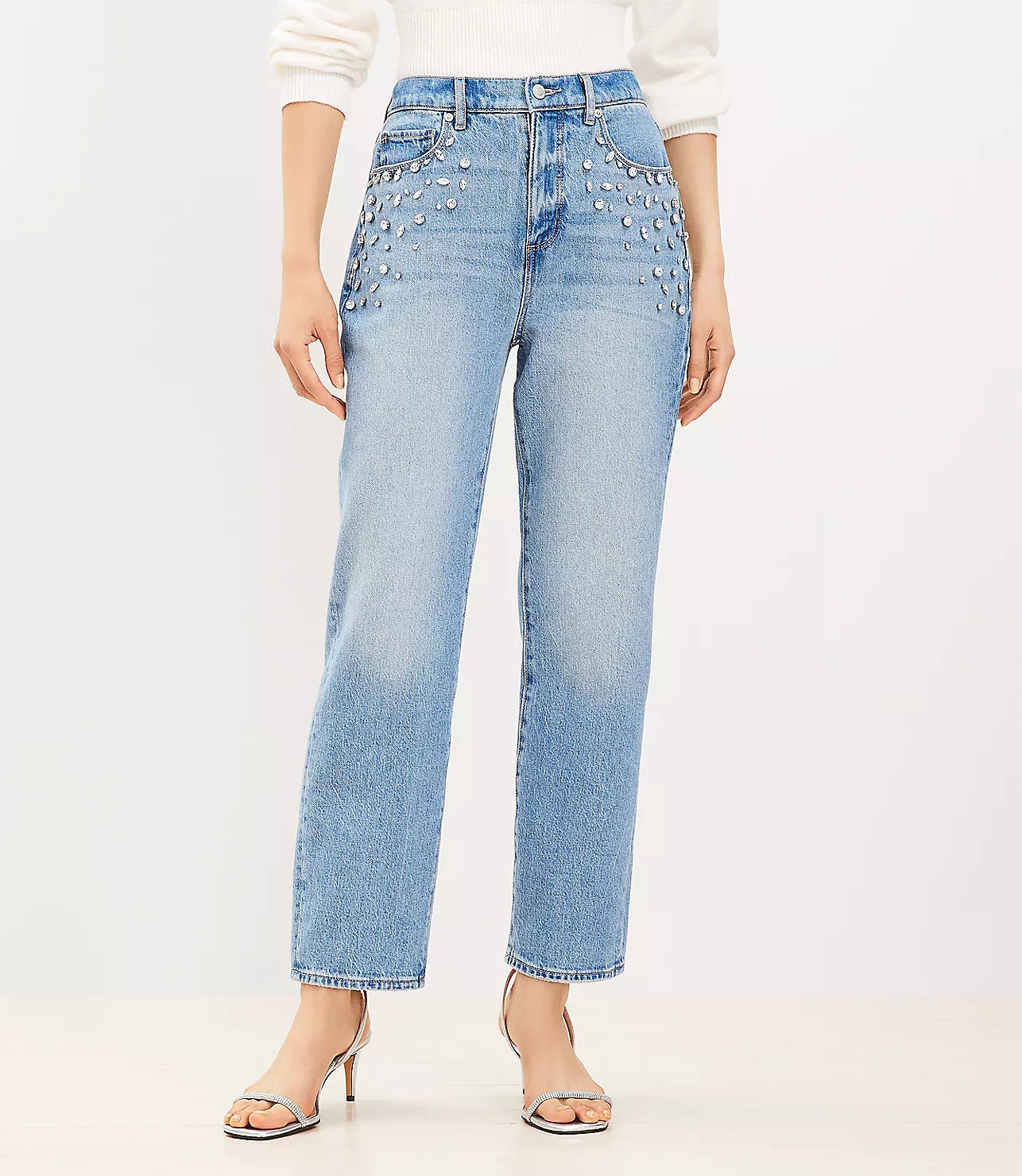 Rhinestone High Rise Straight Jeans in Vintage Distressed Wash | LOFT