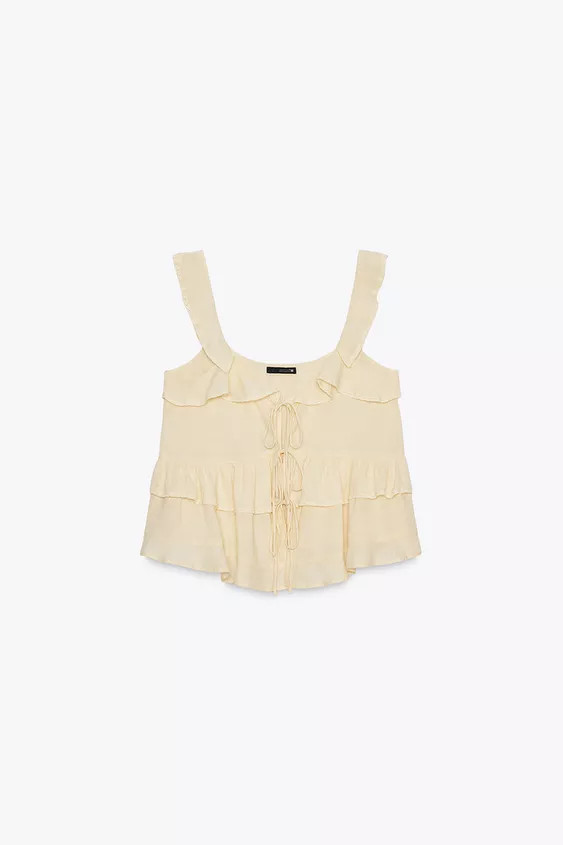 RUFFLED LACE LINEN BLEND TOP | Zara US