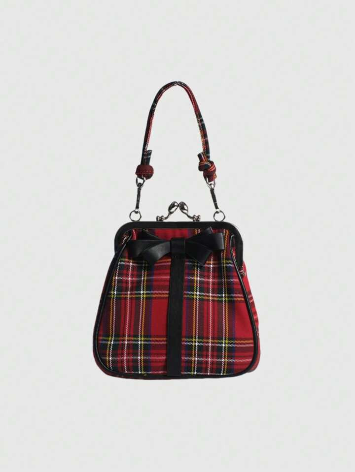 ROMWE Kawaii Retro British Plaid Handbag For Women, French Black Bowknot Romantic Ladylike Top Ha... | SHEIN