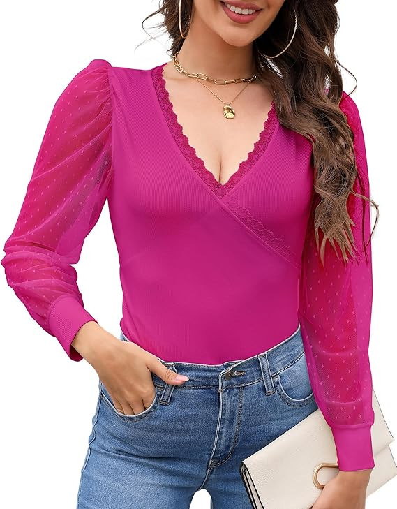 Women's Mesh Long Sleeve Tops Lace Trim Deep V Neck Cross Wrap Sexy Blouses Slim Tunic Date Night... | Amazon (US)