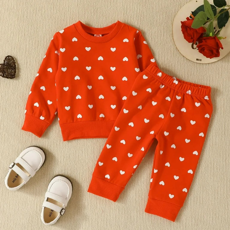 Valentine's Day Baby Girl Outfits Long Sleeve Hearts Printed T Shirt Pullover Tops Pants Outfits,... | Walmart (US)