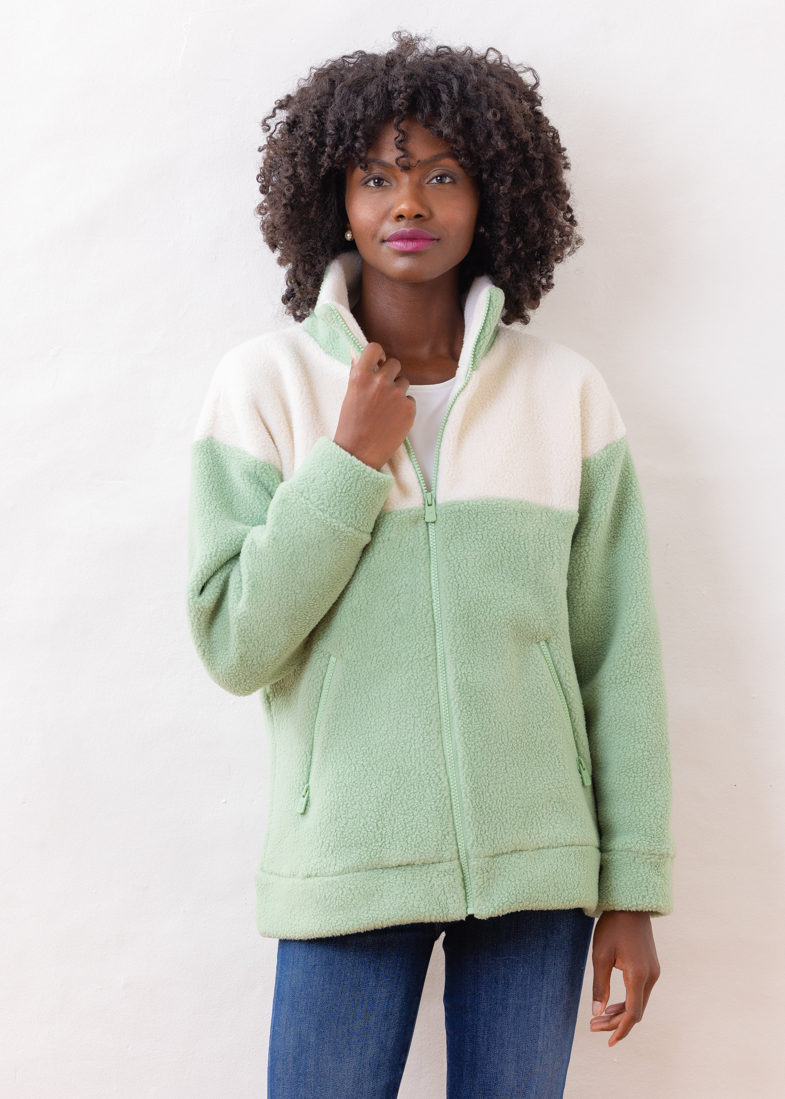 Bleecker Zip-Up in Sherpa Fleece (Basil / Cream) | Dudley Stephens