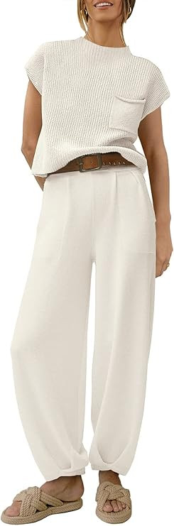 ANRABESS Women's Two Piece Outfits Sweater Sets Knit Pullover Tops and High Waisted Pants Tracksu... | Amazon (US)
