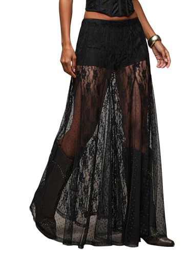 MakeMeChic Women's Lace Sheer Maxi Skirts Polka Dots Ruffle Gothic Skirts | Amazon (US)